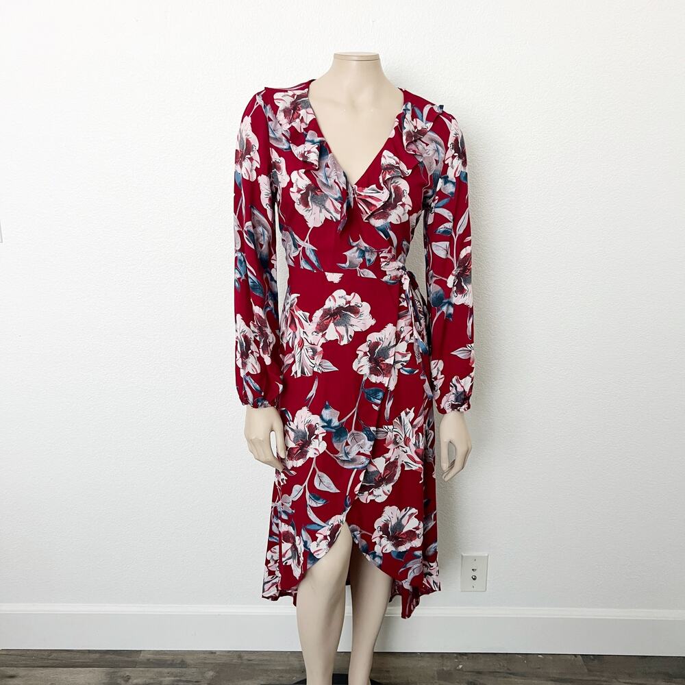 [ModCloth] Sunny Girl Red Floral Print Long Sleeve V-Neck Wrap Midi Dress Sz 10